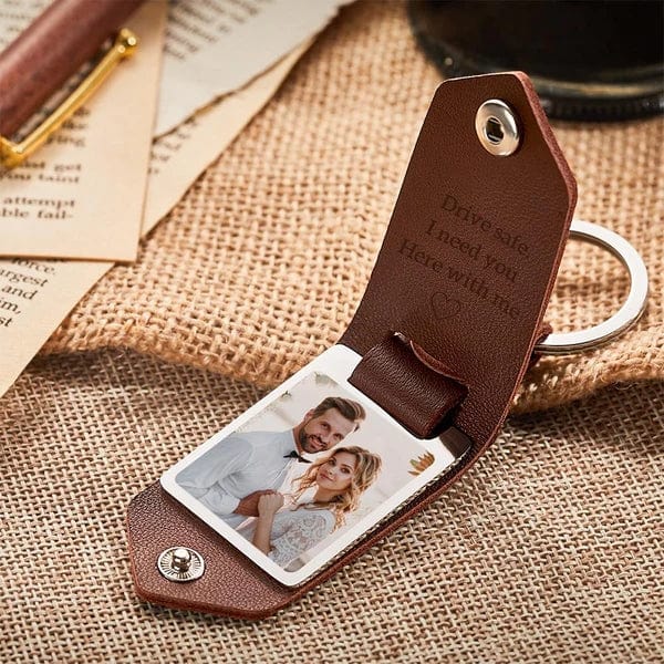 Father's Day Gifts Custom Leather Photo Text Keychain Gift for Dad