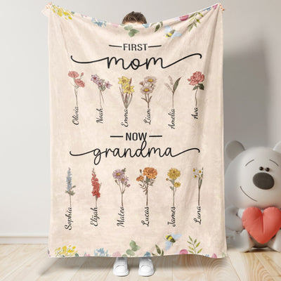 First Mom Now Grandma Custom Birth Flower and Name Blanket Mother's Day Gifts - Get Photo Blanket