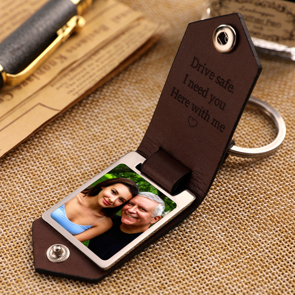 Father's Day Gifts Custom Leather Photo Text Keychain Gift for Dad