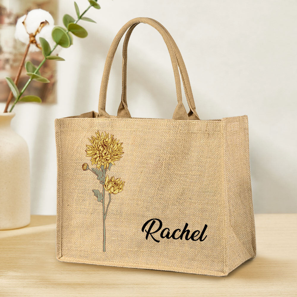 Personalized Birth Flower Beach Jute Tote Bag with Name Birthday Wedding Party Gifts for Women