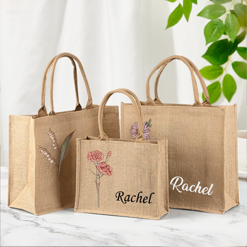 Personalized Birth Flower Beach Jute Tote Bag with Name Birthday Wedding Party Gifts for Women