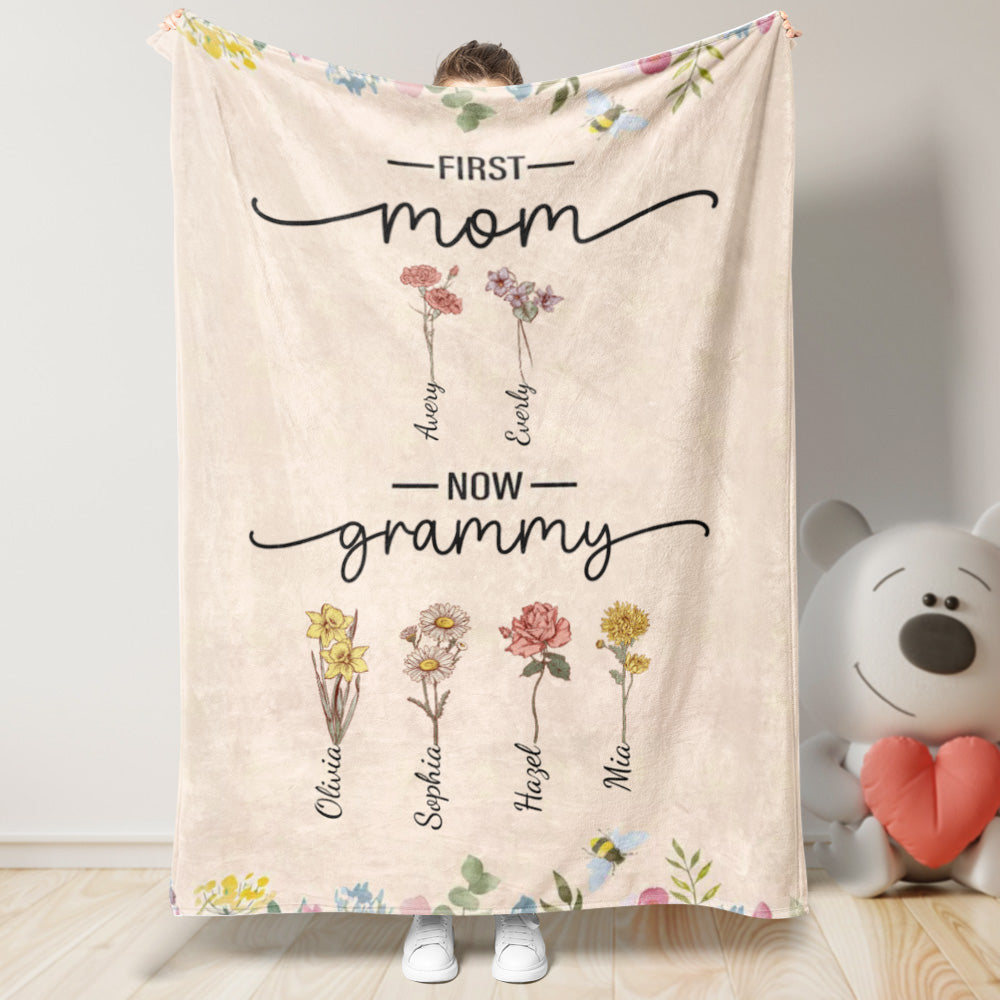 First Mom Now Grandma Custom Birth Flower and Name Blanket Mother's Day Gifts