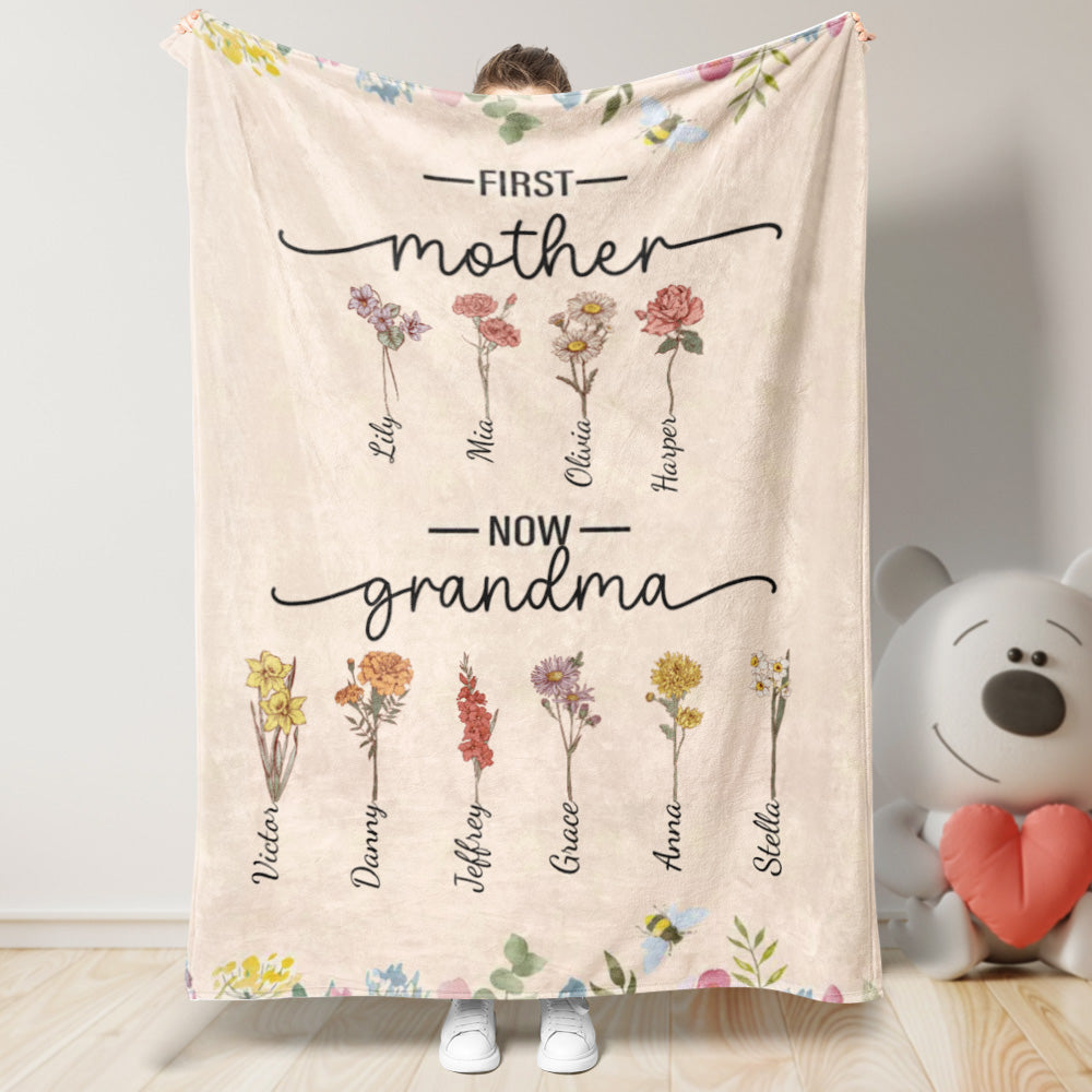 First Mom Now Grandma Custom Birth Flower and Name Blanket Mother's Day Gifts