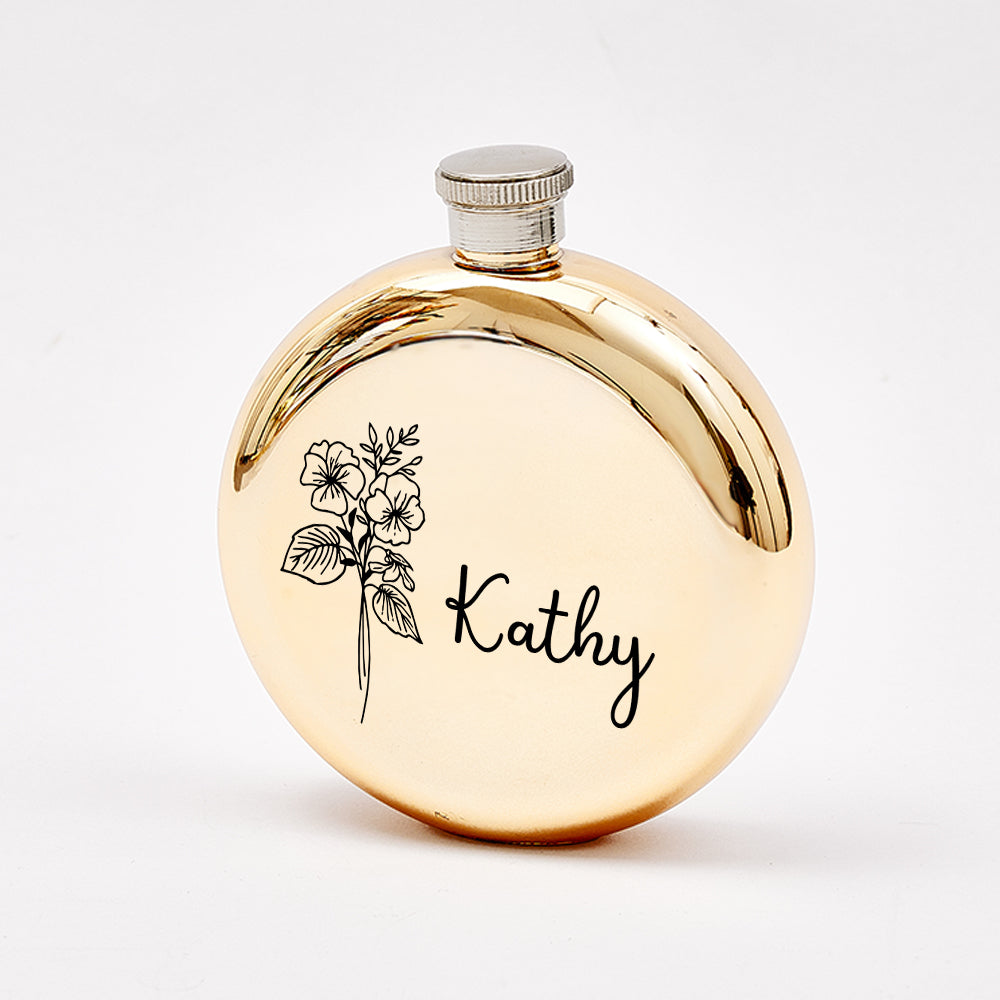 Personalized Name Flask with Birth Flower Custom Flask Gift for Bridesmaid Bachelorette Friends
