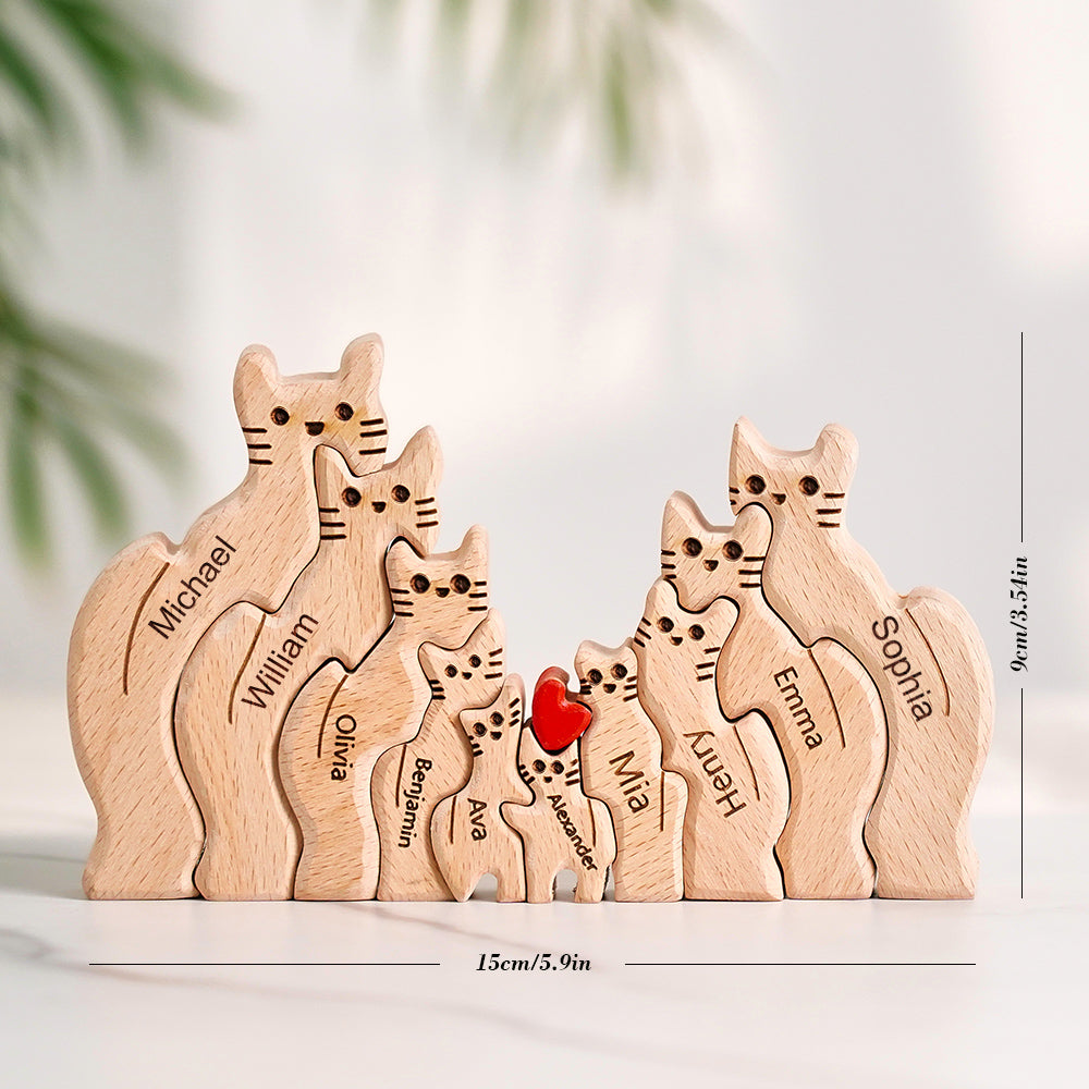Wooden Cats Family Custom Names Puzzle Home Decor Gifts