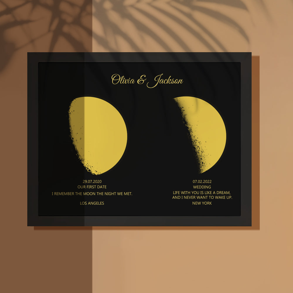 Custom Moon Phase and Names Wooden Frame with Personalized Text Gold Moon