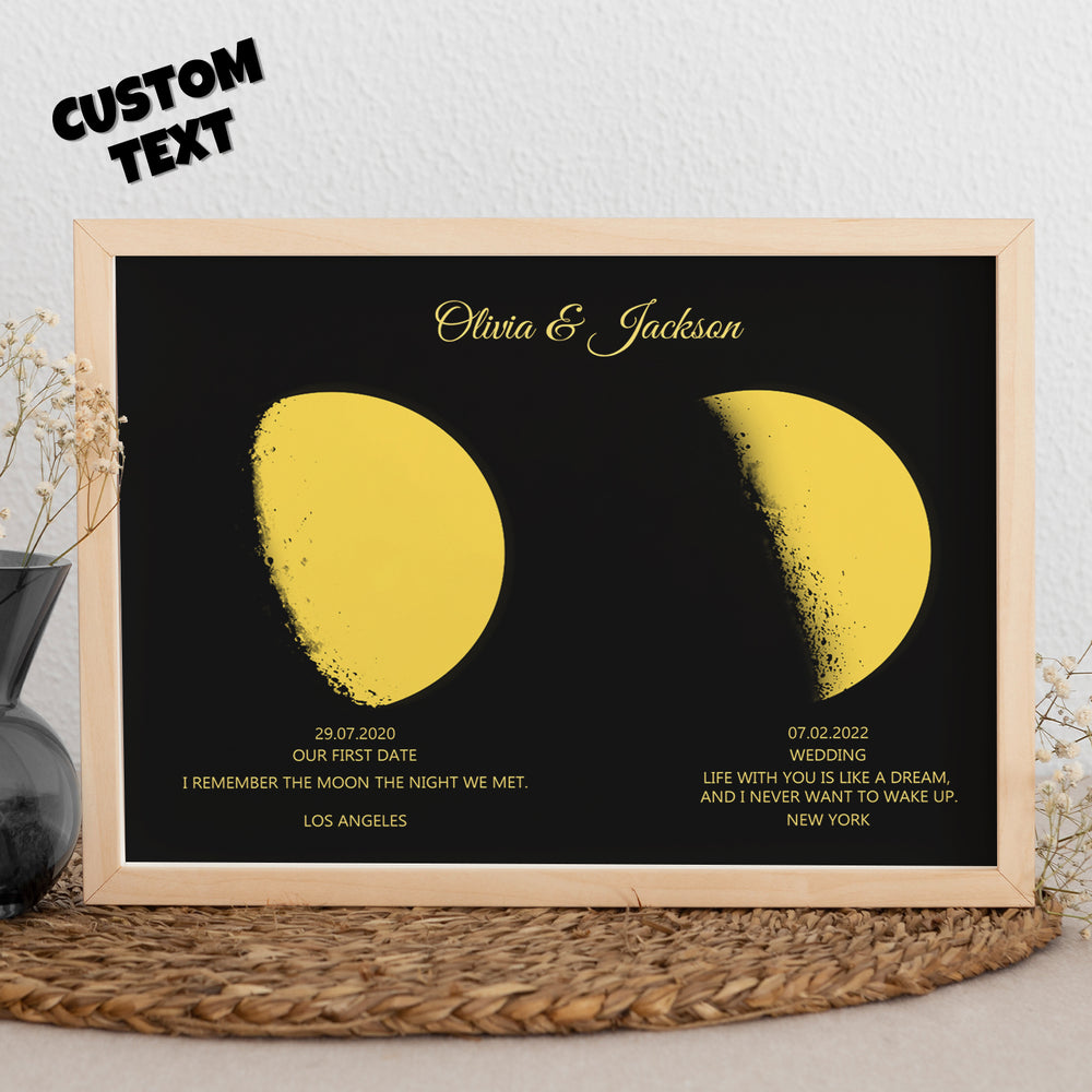 Custom Moon Phase and Names Wooden Frame with Personalized Text Gold Moon