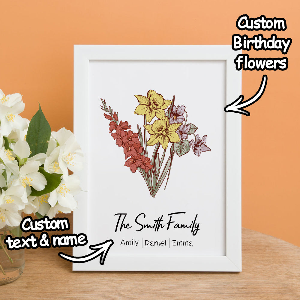 Personalized Birth flower Bouquet White Names Frame Gift for Mom