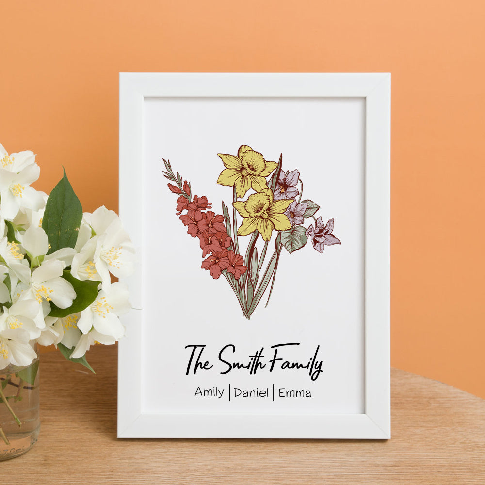 Personalized Birth flower Bouquet White Names Frame Gift for Mom
