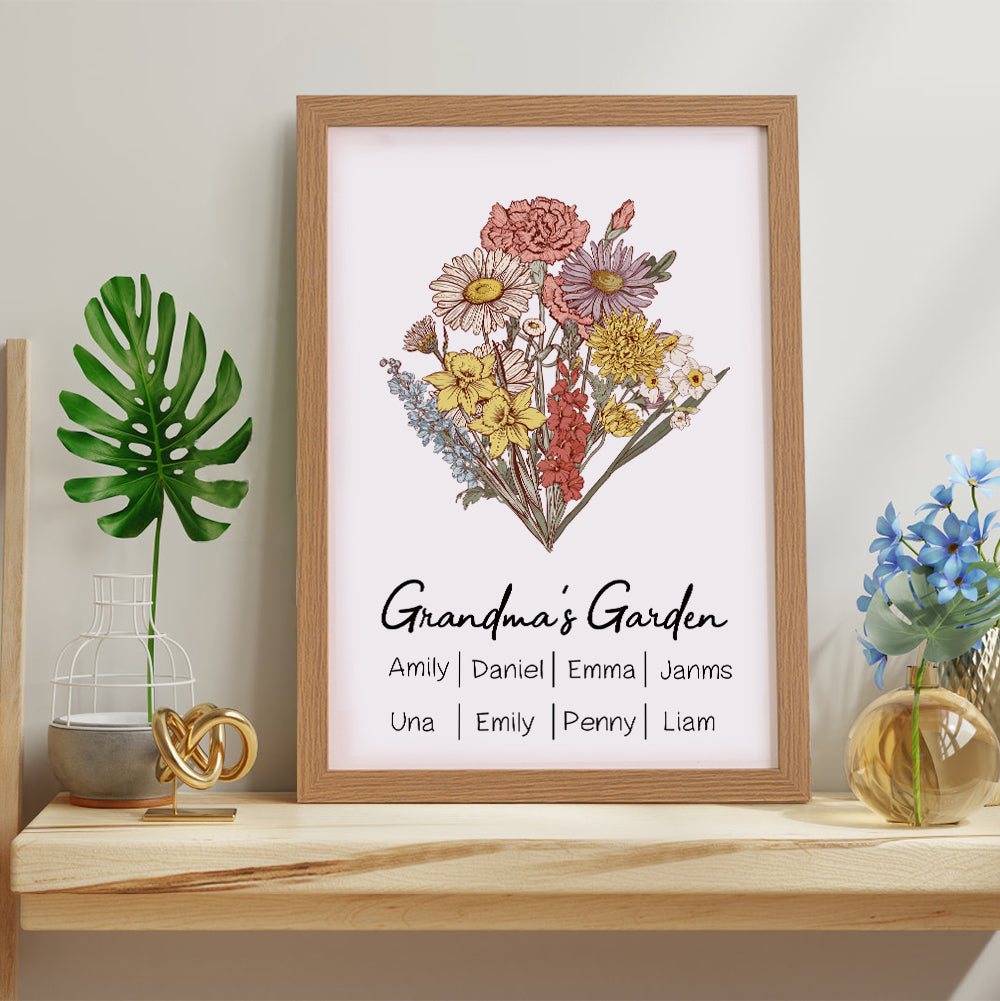 Personalized Birth flower Bouquet Beech Wood Names Frame Gift for Mom