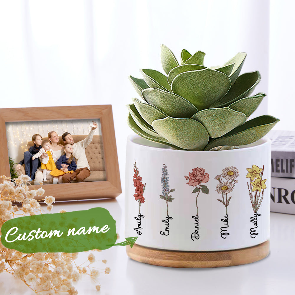 Custom Birth Month Flowers Planter Pot Personalized Name Ceramic Succulent Plant Pot