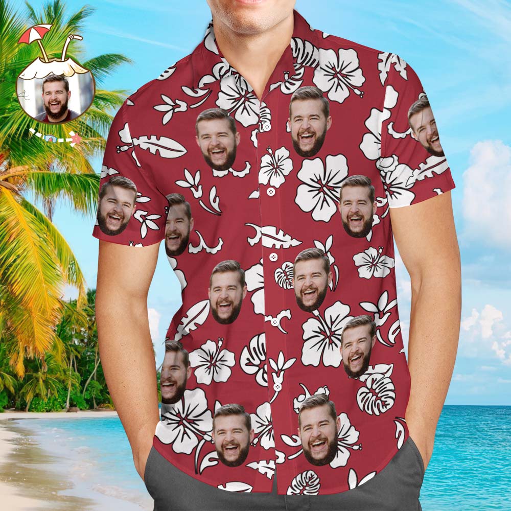 Personalized Hawaiian Shirt for Him Custom Face Hawaiian Shirt Flowers And Leaves Red