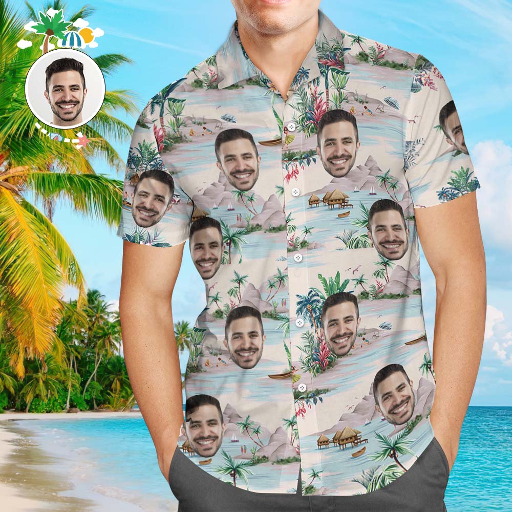 Personalized  Hawaiian Shirt With Faces  for Men Custom Face Hawaiian Shirt All Over Print With Landscape Pattern