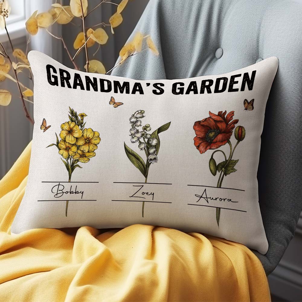 Personalized Birth Month Flower Pillow With Name Vintage Grandma's Garden Pillow Gift For Grandma Mom