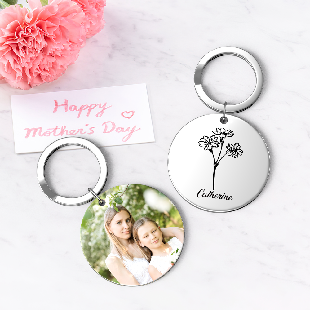 Custom Photo Keychain Personalized Month Flower Mothers Day Gifts for Mom