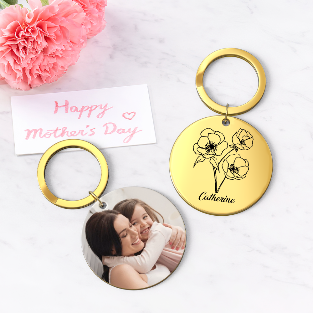 Custom Photo Keychain Personalized Month Flower Mothers Day Gifts for Mom