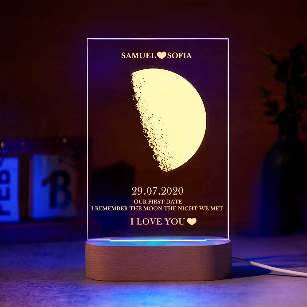 Custom Moon Phase Lamp with Personalized Names Text Seven Color Light