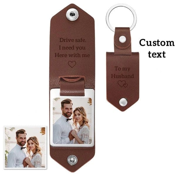 Custom Leather Photo Text Keychain Anniversary Gift For Couple
