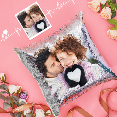 Customized Sequin Pillow, Personalized Sequin Pillows, Custom Love Photo Magic Sequins Pillow Case, Multicolor 15.75''*15.75'', Best Valentine's Day Gift For Her