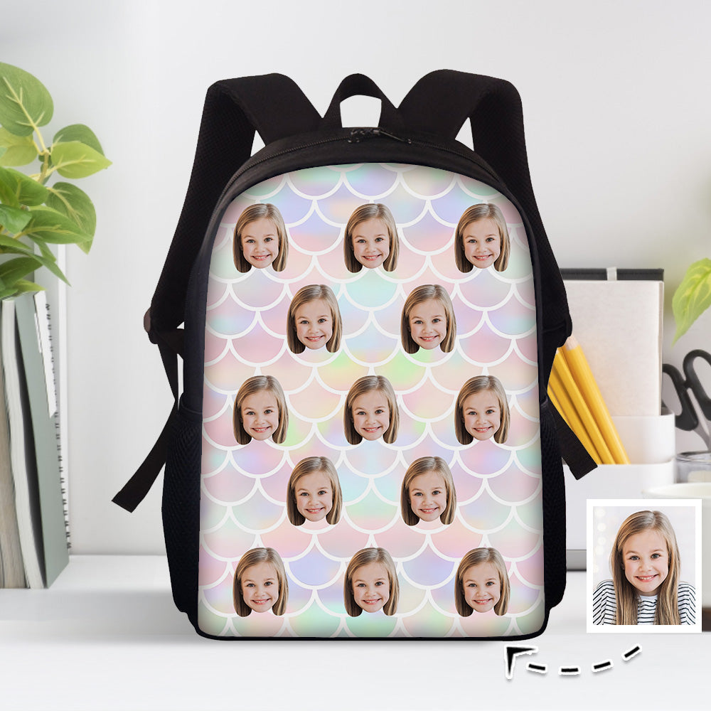 Custom Face Backpack Personalised Mermaid Color School Bag for Students
