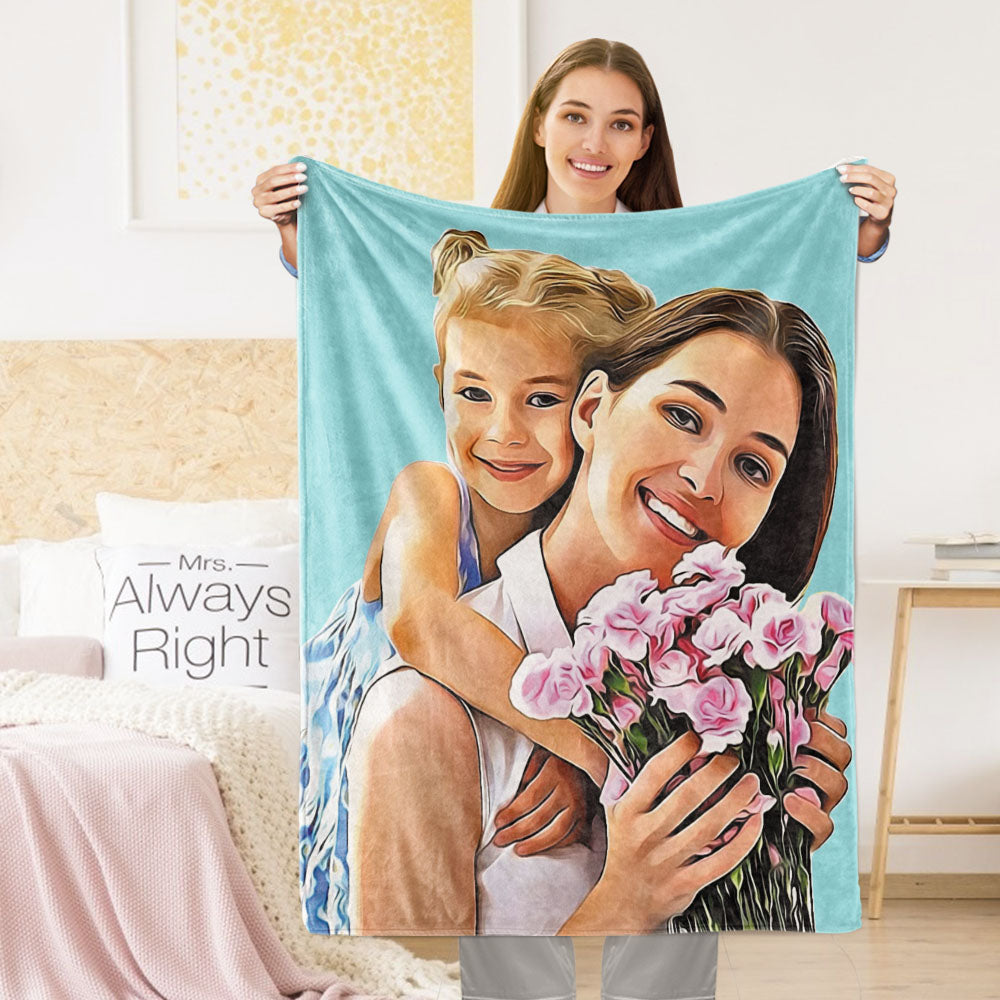 Custom Photo Blankets Personalized Blankets Painted Art Portrait Fleece Blanket Best Gift 2021 Mother's Day Gift Mom and Daughter Blanket