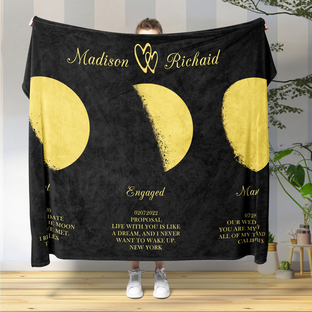 Custom Moon Phase Blanket Three Moon Personalized Names Anniversary Gifts for Her