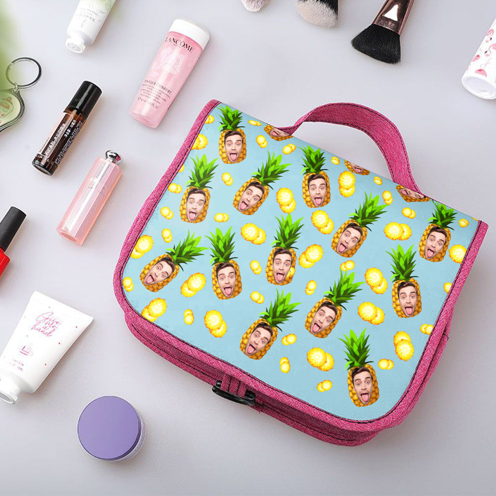 Custom Face Hanging Toiletry Bag Personalized Pineapple Cosmetic Makeup Travel Organizer for Men and Women