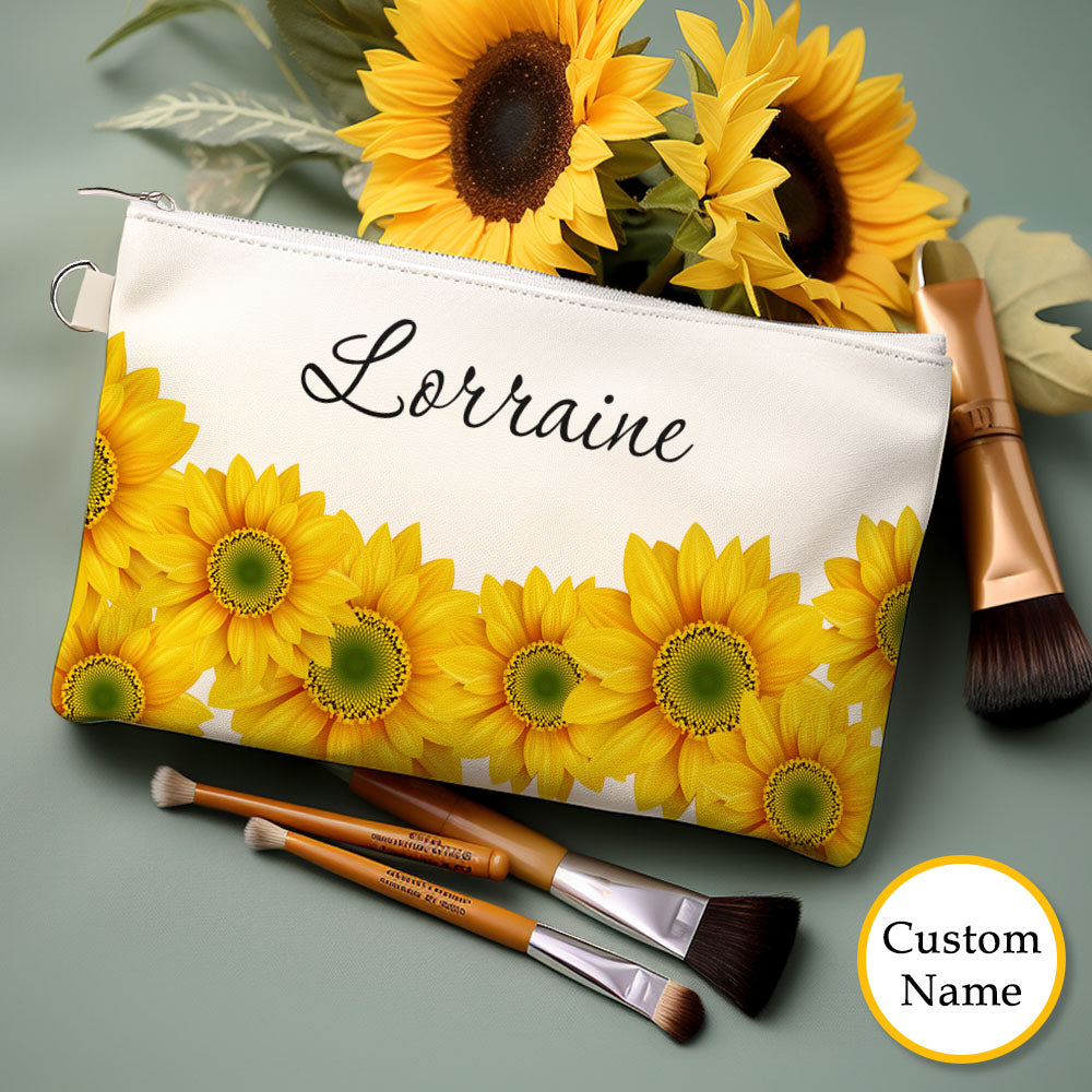Custom Name Sunflower Makeup Bag Cosmetics Travel Bag