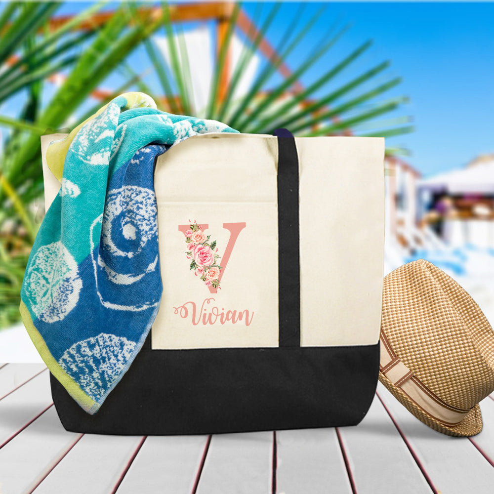Custom Name Canvas Tote Bag Personalized Flower Beach Bag Gift for Women