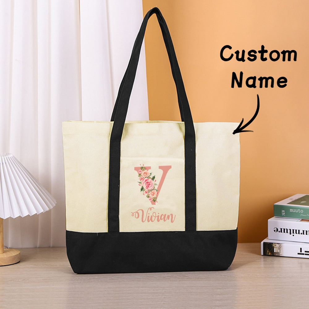 Custom Name Canvas Tote Bag Personalized Flower Beach Bag Gift for Women