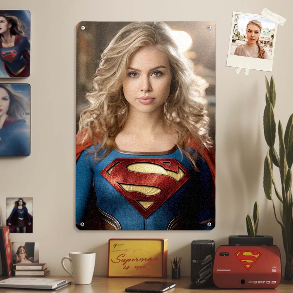 Superwoman Metal Poster Personalized Face Custom Photo Portrait Gifts for Girl / Kids