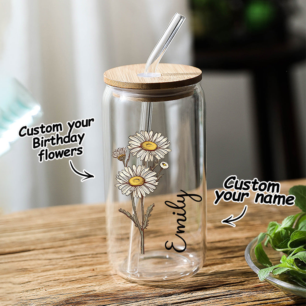 Personalized Name Can Glass with Colorful Birth Flower Custom Can Glass with Straw Gift for Mother Friends Family Bridesmaid
