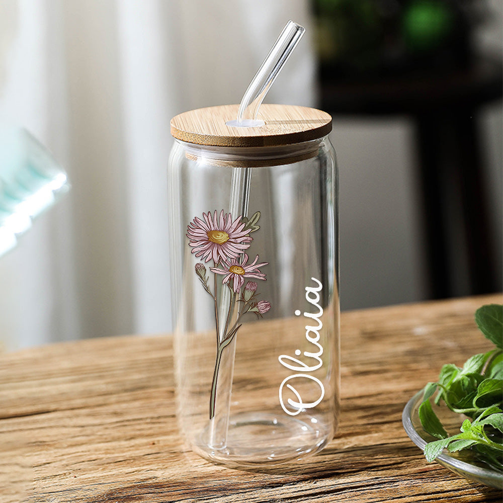 Personalized Name Can Glass with Colorful Birth Flower Custom Can Glass with Straw Gift for Mother Friends Family Bridesmaid