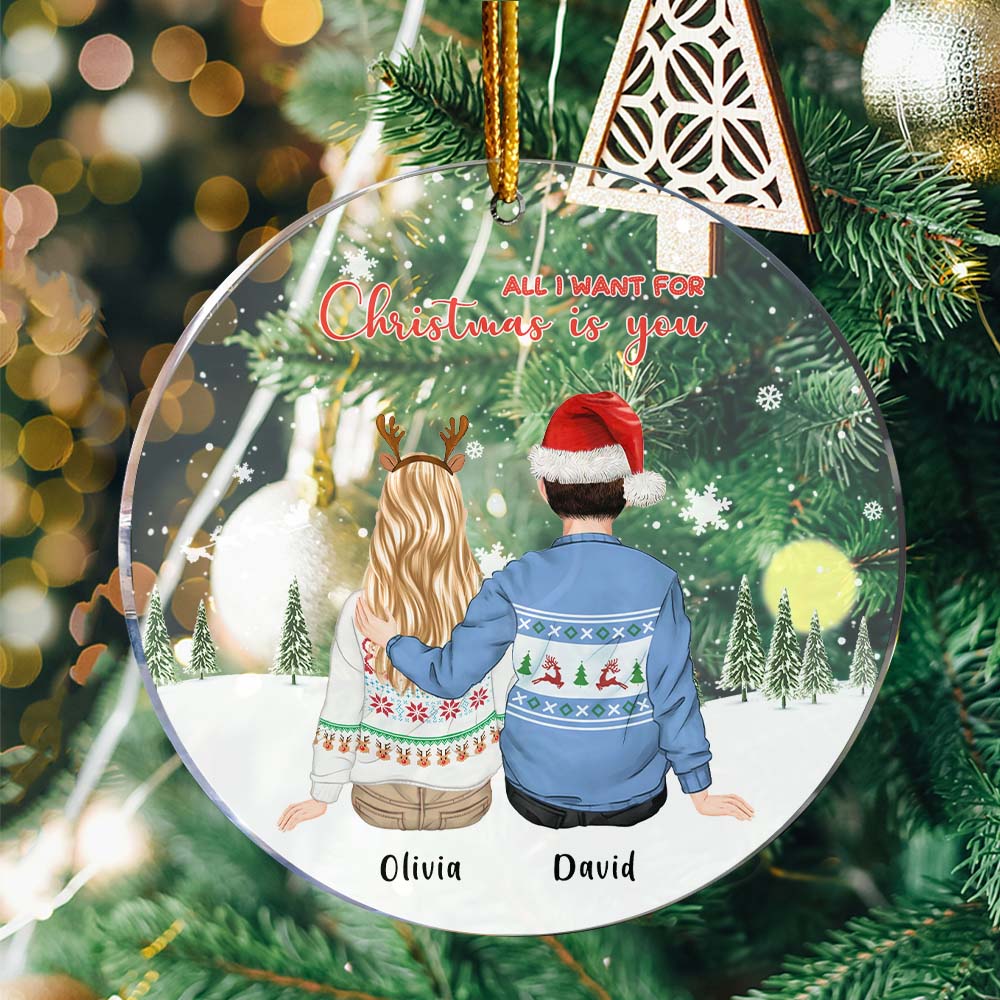 Custom Couple Back View Personalized Name Cartoon Ornament Christmas Gifts