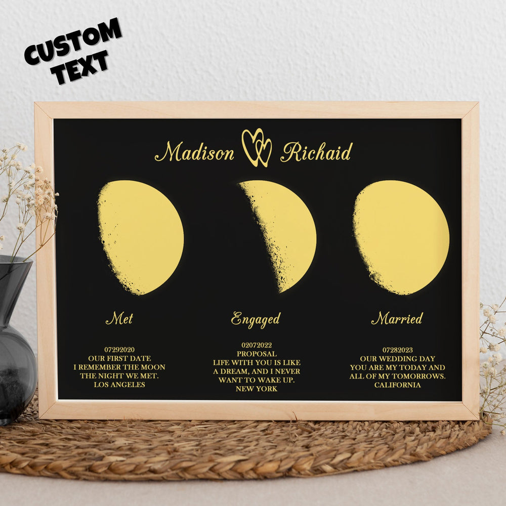 Custom Moon Phase Wooden Frame Three Moon Phase with Personalized Name and Text