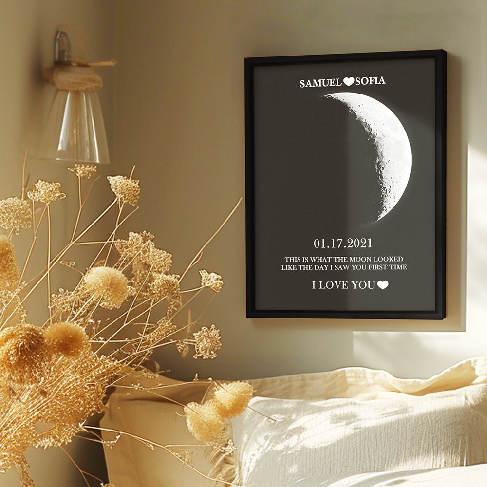 Custom Silver Moon Phase and Names Wooden Frame with Your Text Custom Couple Art Frame Best Valentine's Day Gift