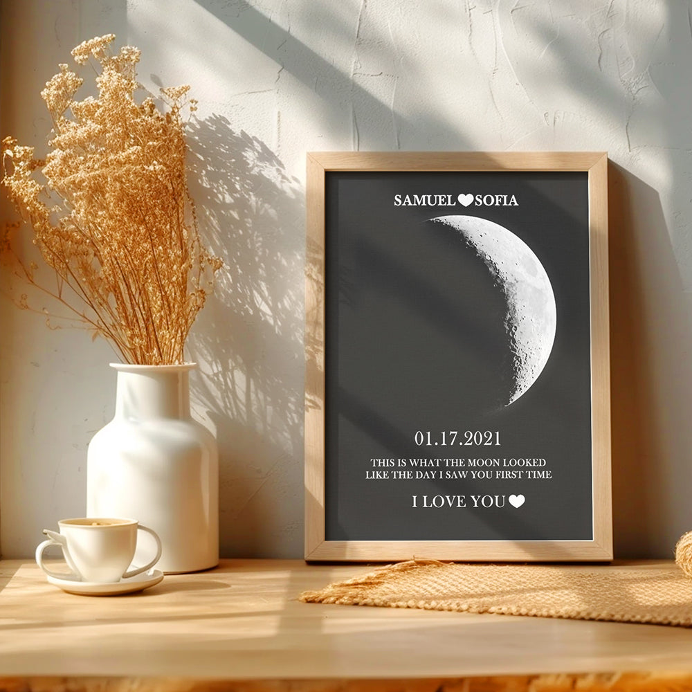 Custom Silver Moon Phase and Names Wooden Frame with Your Text Custom Couple Art Frame Best Valentine's Day Gift
