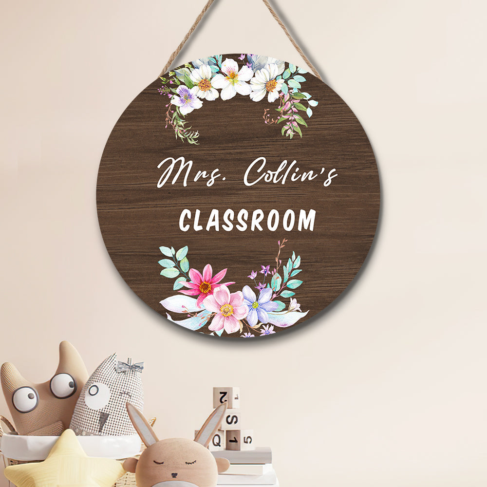 Custom Name Vintage Flower Door Hanger, Teacher Name Sign