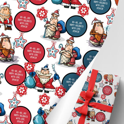 Custom Name Christmas Gift Wrapping Paper Cartoon Style Santas