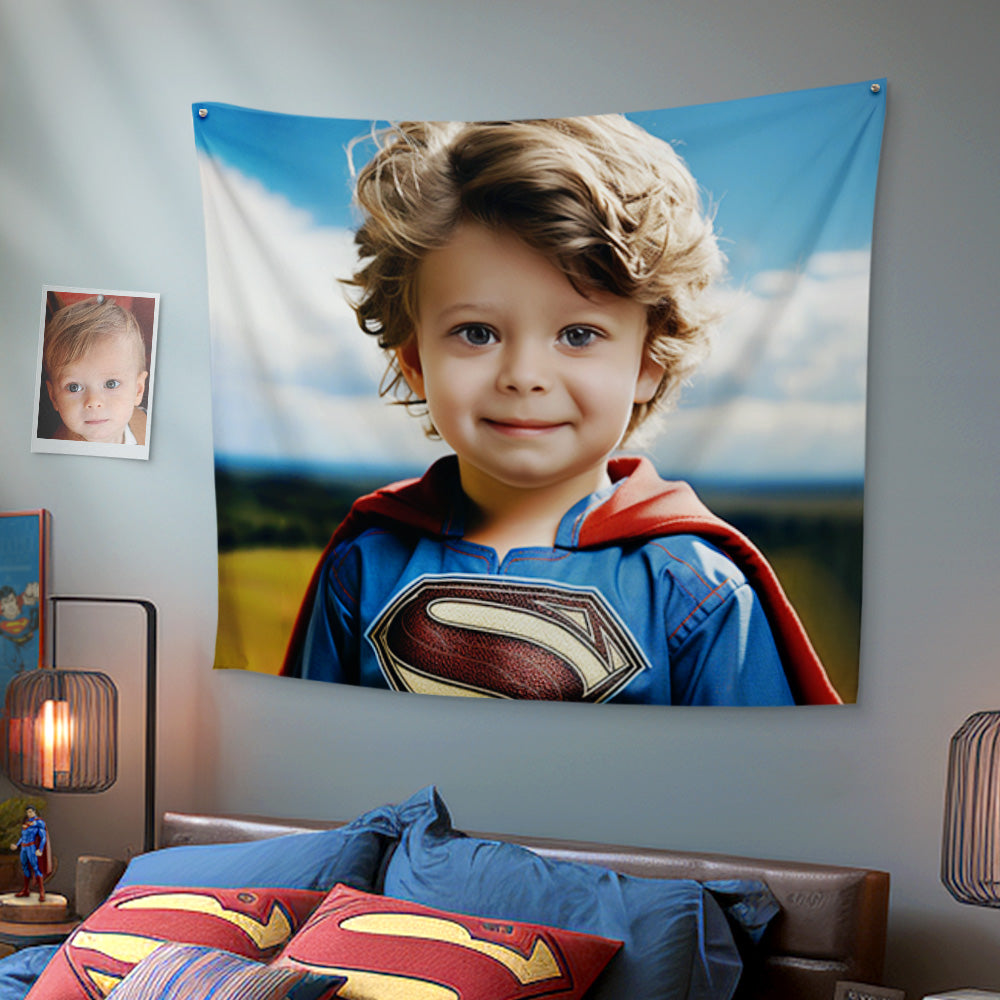 Personalized Face Superman Tapestry Custom Portrait from Photo Gifts for Kids / Son