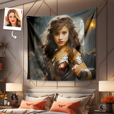 Custom Face Wonder Woman Tapestry Personalized Portrait from Photo Gifts for Her - mysiliconefoodbag