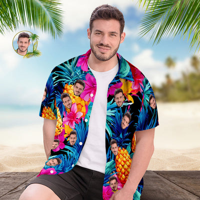 Custom Face Hawaiian Shirt All Over Print Funky Personalized Shirt - Print Leaves Flowers Pineapple - mysiliconefoodbag