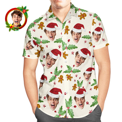 Custom Face Hawaiian Shirt Candy Cane Gingerbread Men's Christmas Shirts - mysiliconefoodbag