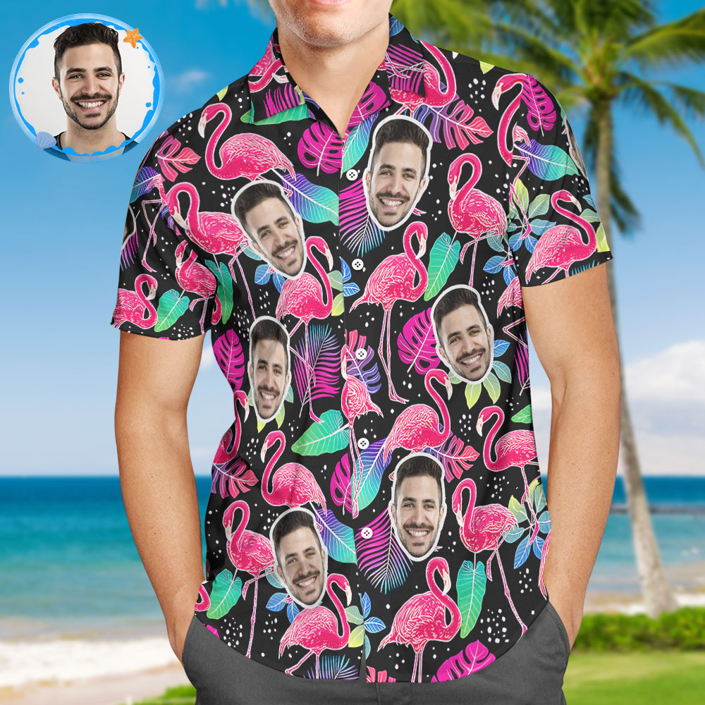 Custom Face Hawaiian Shirt All Over Print Personalized Black Shirt - Flamingo