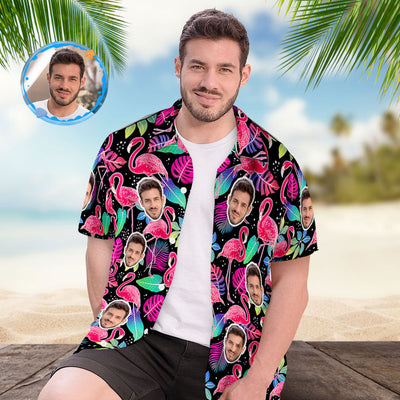 Custom Face Hawaiian Shirt All Over Print Personalized Black Shirt - Flamingo - mysiliconefoodbag