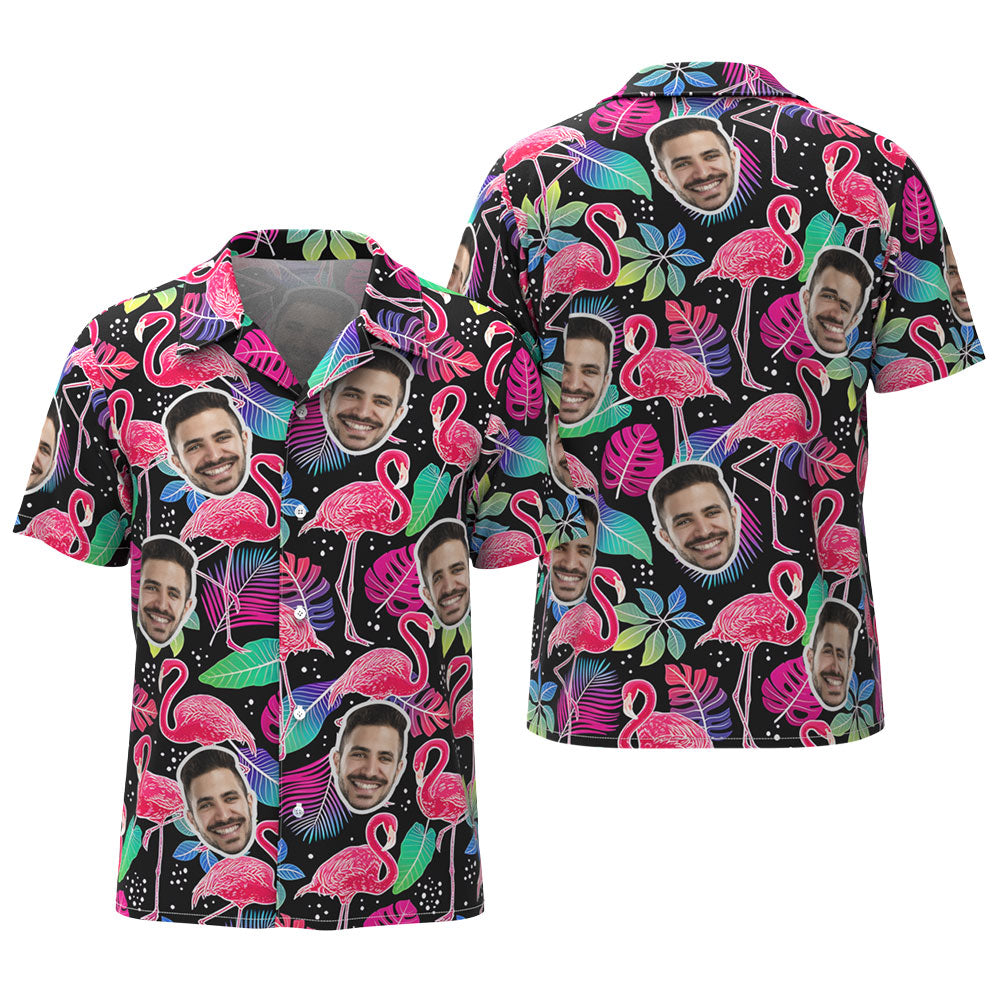 Custom Face Hawaiian Shirt All Over Print Personalized Black Shirt - Flamingo