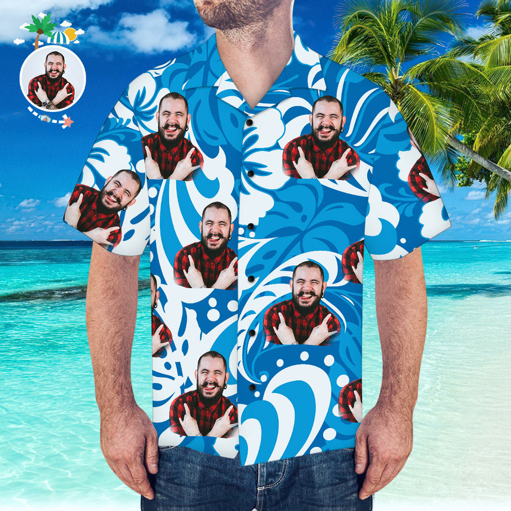 Custom Hawaiian Shirt with Boyfriend Face Leaves & Flowers Pattern Hawaiian Shirt