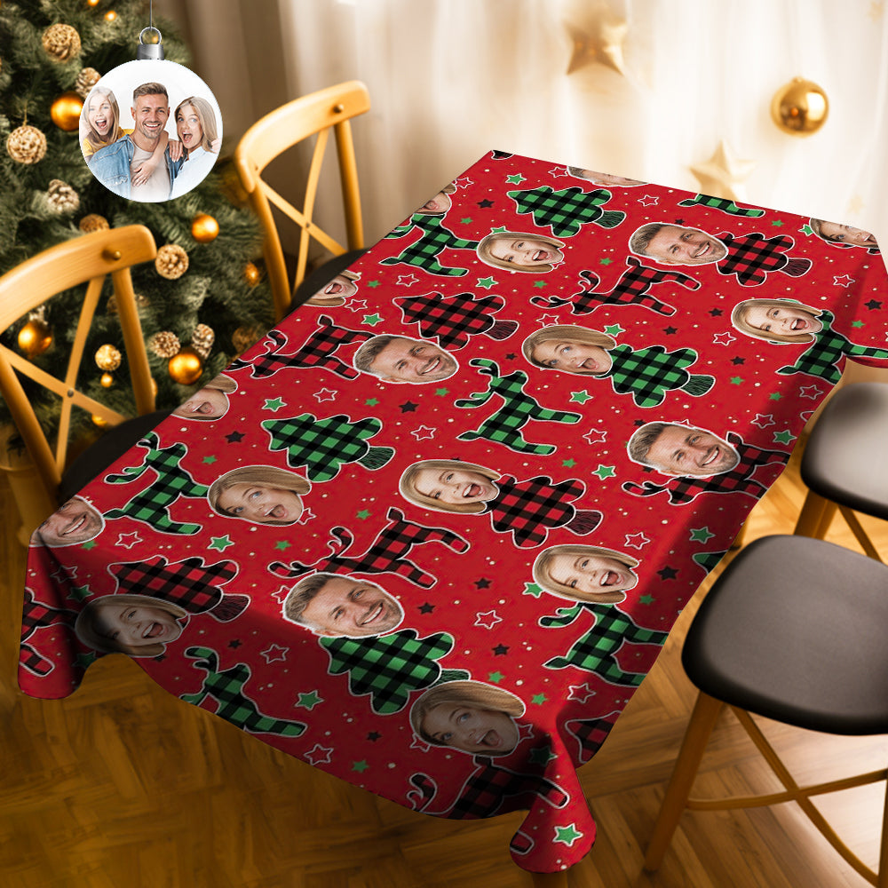 Custom Family Face Christmas Tree Tablecloth Personalized Washable Table Cover Christmas Gift