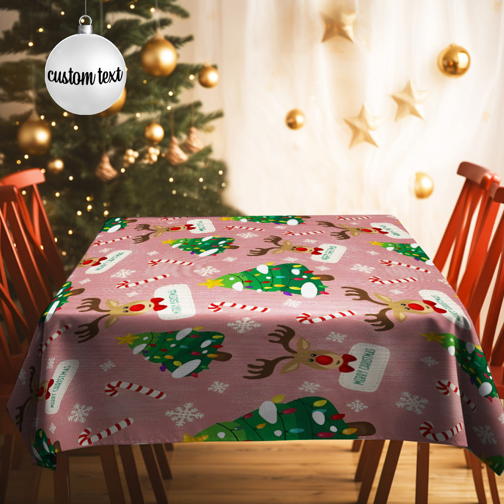 Custom Text Christmas Deer and Christmas Tree Tablecloth Personalized Washable Table Cover Christmas Gift