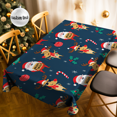 Custom Text Santa and Christmas Elk Tablecloth Personalized Washable Table Cover Christmas Gift - mysiliconefoodbag